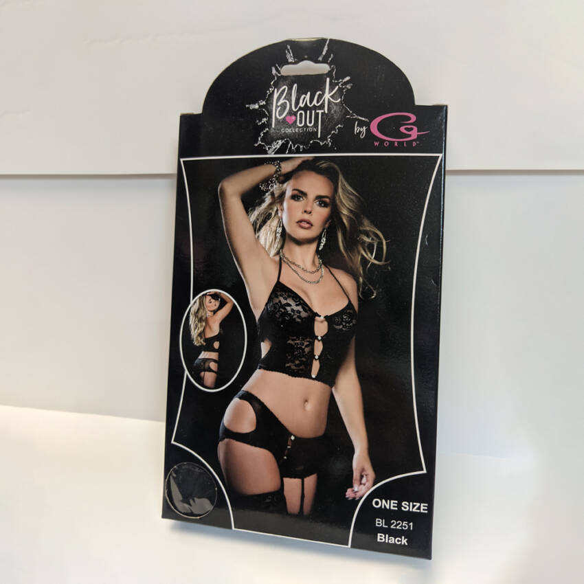 G WORLD 3 PC BOYFRIEND GARTER BOYSHORTS, HALTER BUSTIER TOP & STOCKINGS