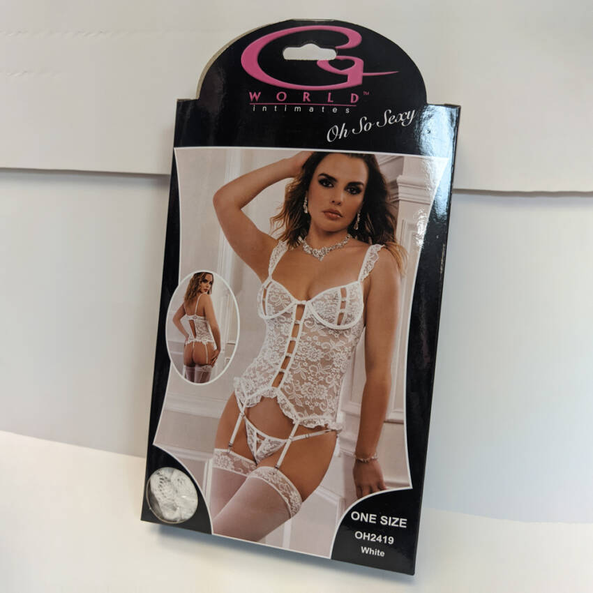 G WORLD 3PC PEEK A BOO LACE CORSET & STOCKINGS