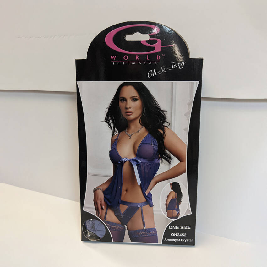 G WORLD 2PC FLYAWAY BABYDOLL, TIE FRONT, GARTER THONG & STOCKING AMETHYST CRYSTAL