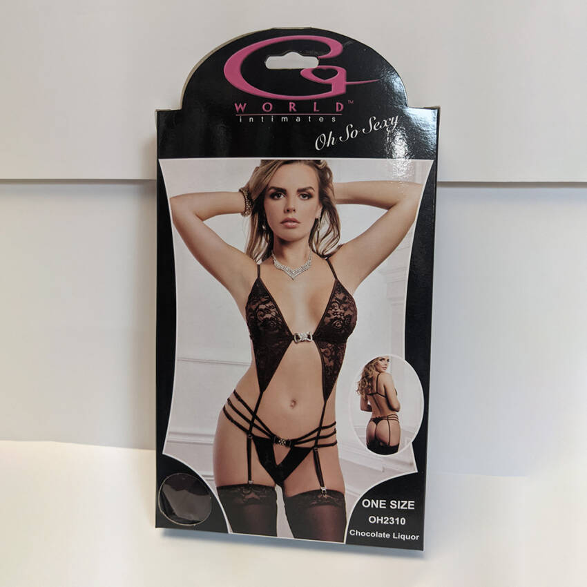 G WORLD 2PC ULTRA SULTRY LACE GARTER TEDDY & STOCKINGS CHOCOLATE LIQUOR