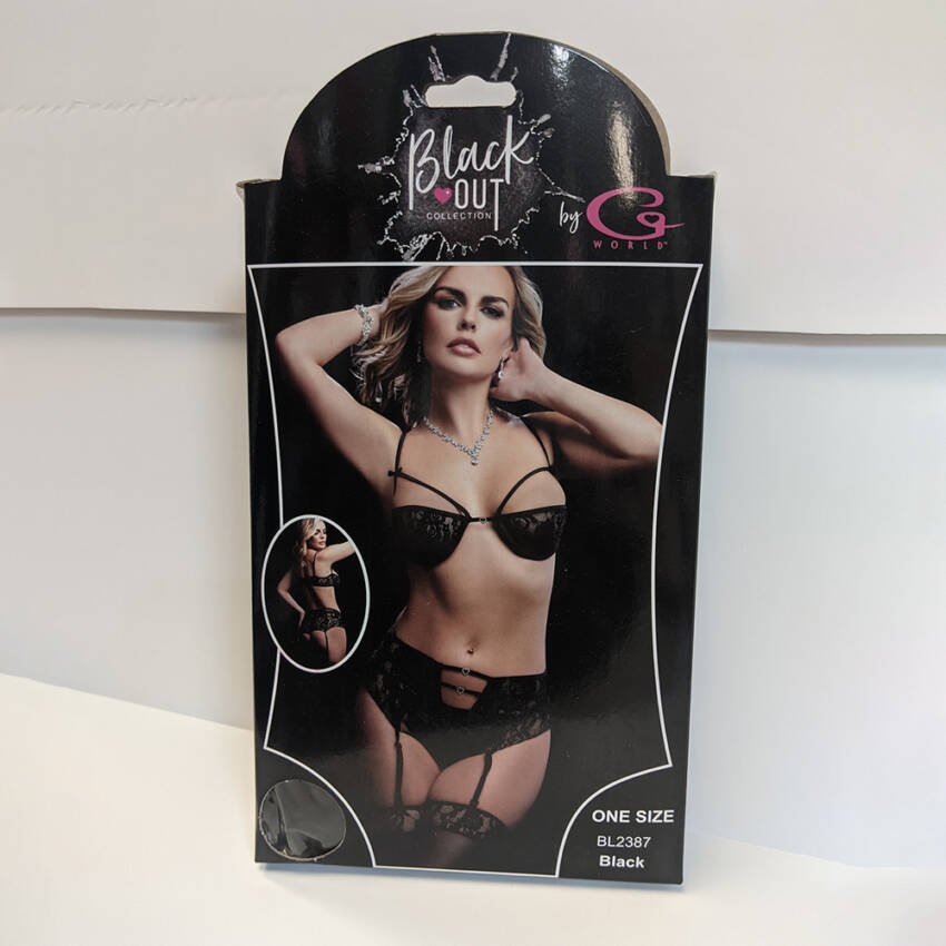 G WORLD 3PC BOYSHORT, UNDERWIRE BRA & STOCKINGS BLACK
